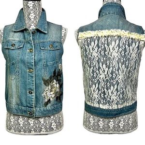 Paisley Vine denim vest with embroidered flowers and lace